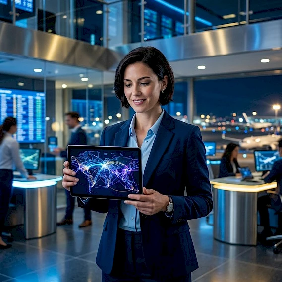 Travel Managerin nutzt ein Tablet mit globaler Reise-Datenvisualisierung am Flughafen